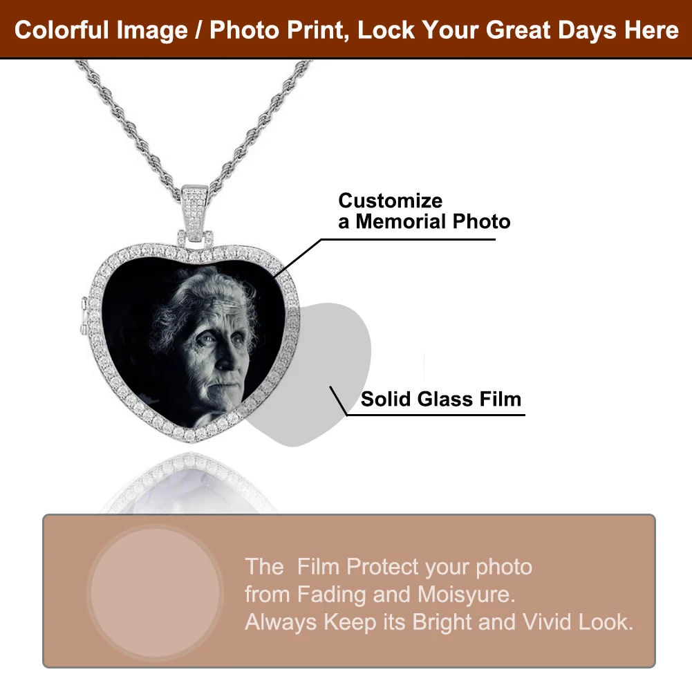 Hip-Hop Fashion In Europe And The United States Hollowed Out Flip Heart Photo Pendant Micro-Set Zircon Photo Frame Necklace