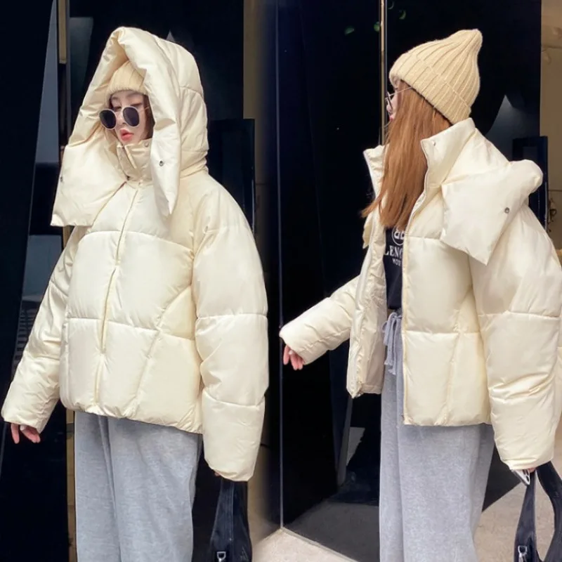 2023 Winter New Korean Version Pomped Hooded Bread Short Cotton Dress Women's Thickened Loose Small Short Winter Clothes Women
