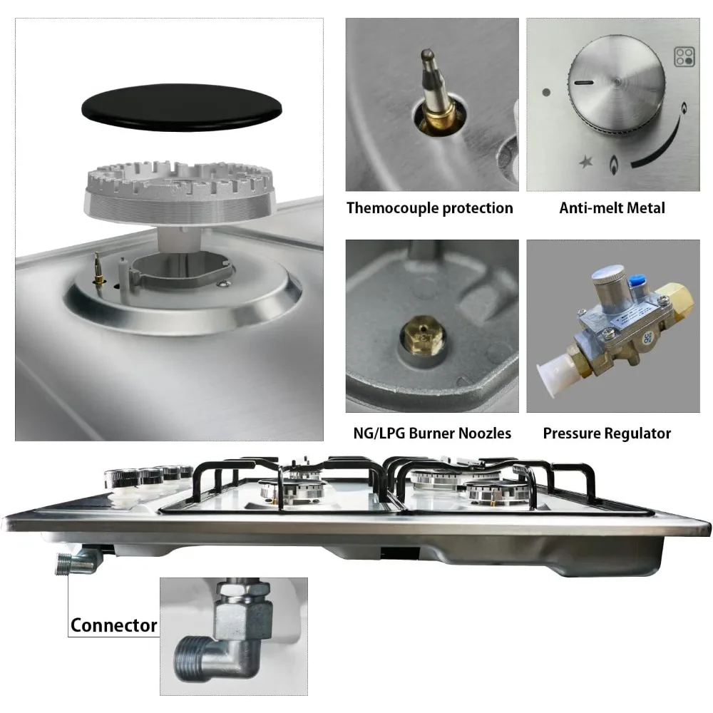 24 Inch Gas Cooktop 4 Burners, Built-in Stainless Steel Gas Hob, NG/LPG Dual Fuel Stovetop with Thermocouple 3