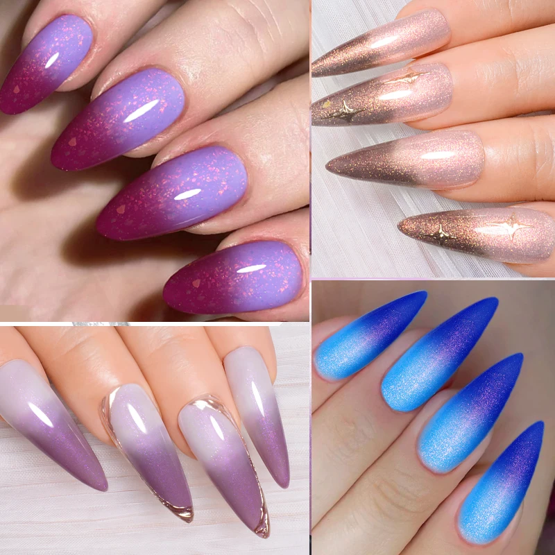 MEET ACROSS 7ml Aurora Thermal Gel Nail Polish Color Changing Nude Purple Glitter Long Lasting Manicure Nails Art Gel Varnish