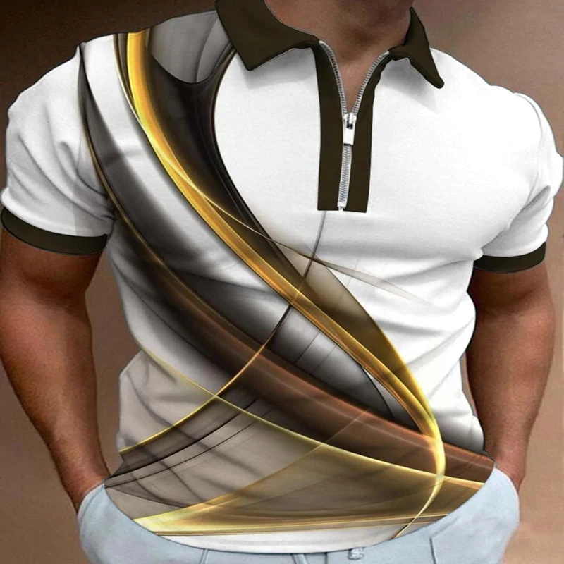 

Casual Line Art 3D Print Polo Zipper Short Sleeve Shirt for Men