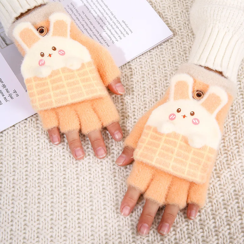 Half Finger Flip Kids Thick Warm Gloves Autumn Winter 4-12years Children's Wool Knitted Gloves Flip Fingerless Rabbit