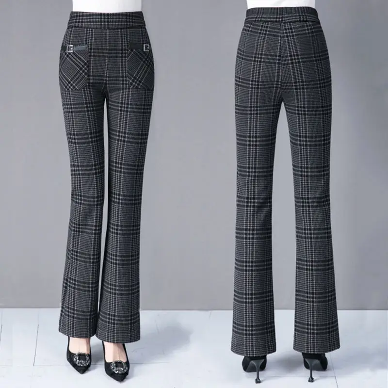 Spring and Autumn Women's Patchwork Pockets High Waist Elastic Fashion Loose Plaid Stripes Versatile Casual Micro Flap Pants