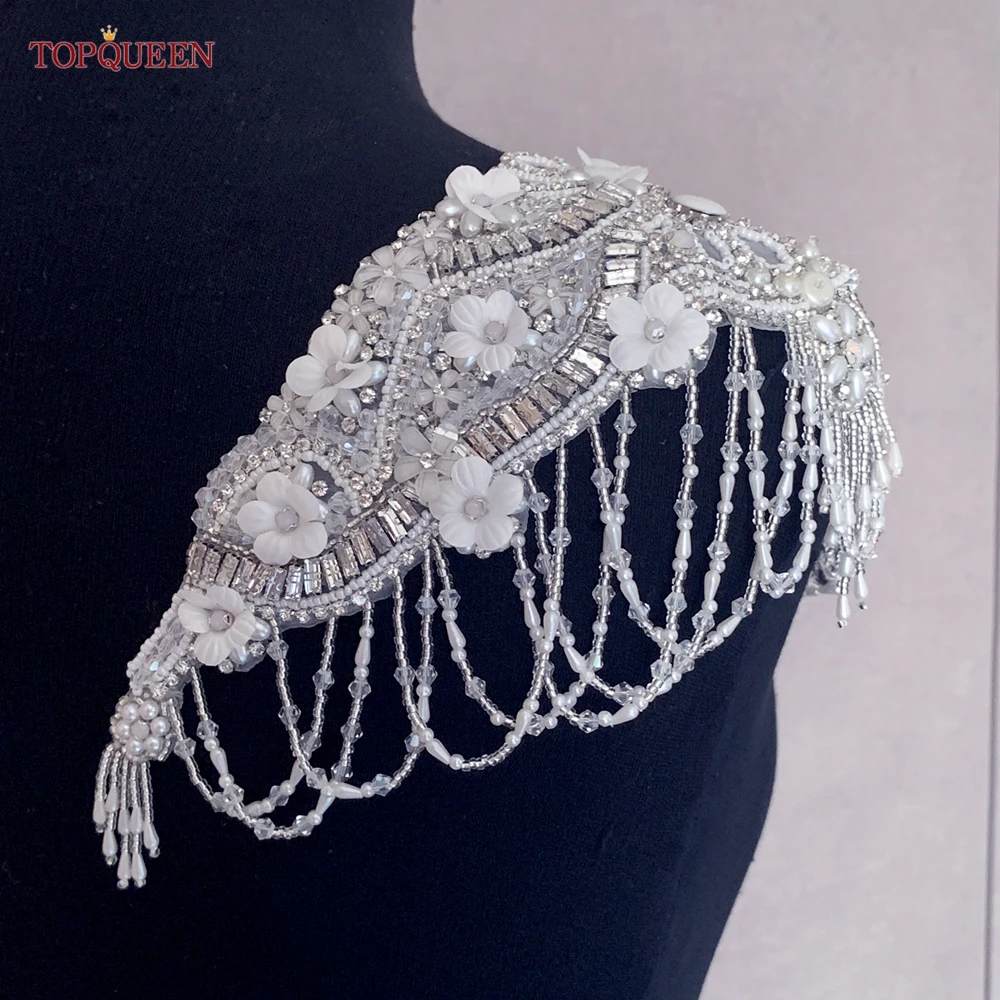 

Topqueen SP36 Rhinestone Clothing Accessory Crystal Embellished Shoulder Patch Beads Applique Chain Tassel