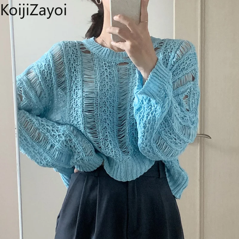 

Koijizayoi Thin Women Fashion Elegant Solid Sweater Hollow Out Office Lady Casual Loose Pullovers Spring Autumn 2022 New Tops