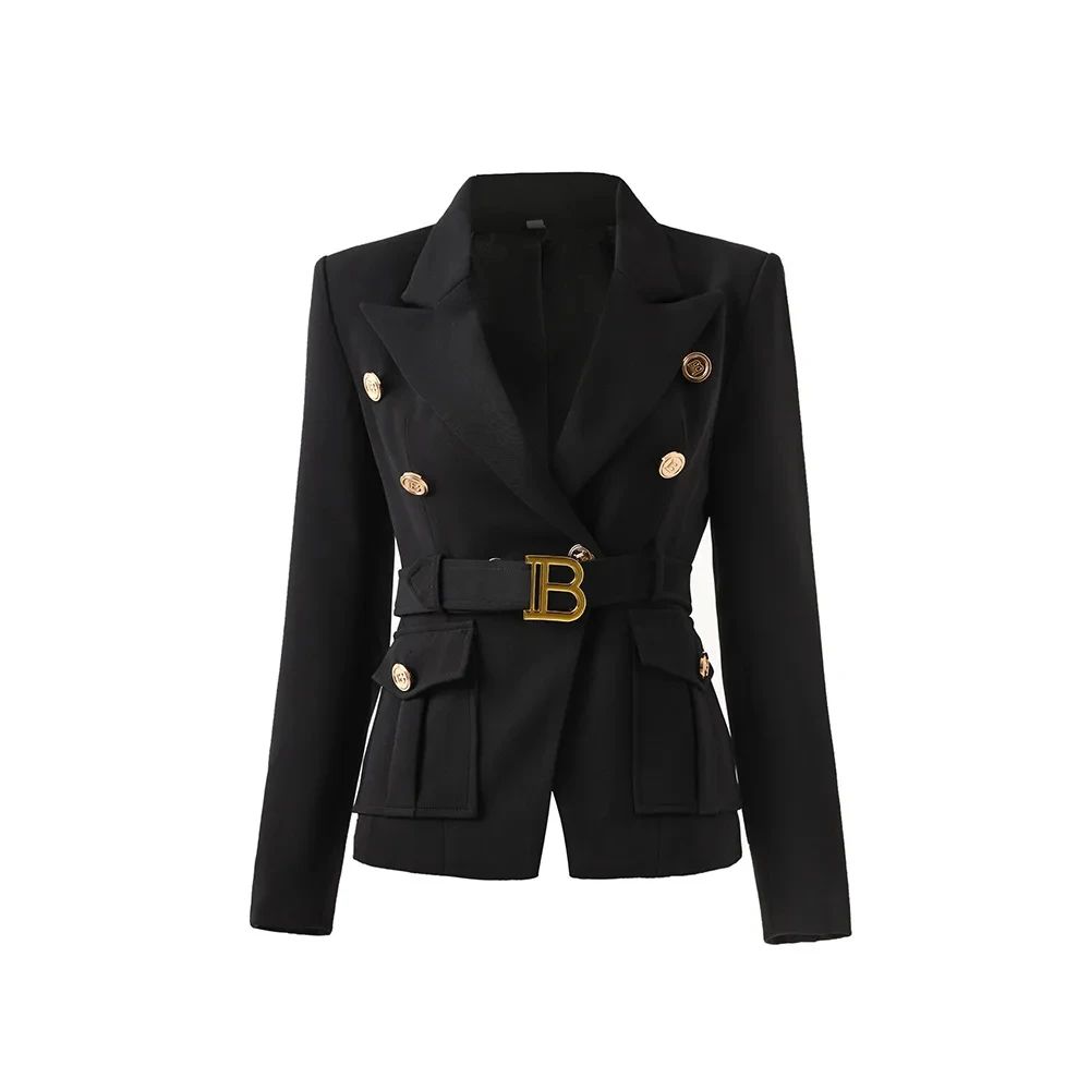 Customize Luxury Quality Classic golden buttons Office White Black pink Women Pocket formal Blazers with Blet