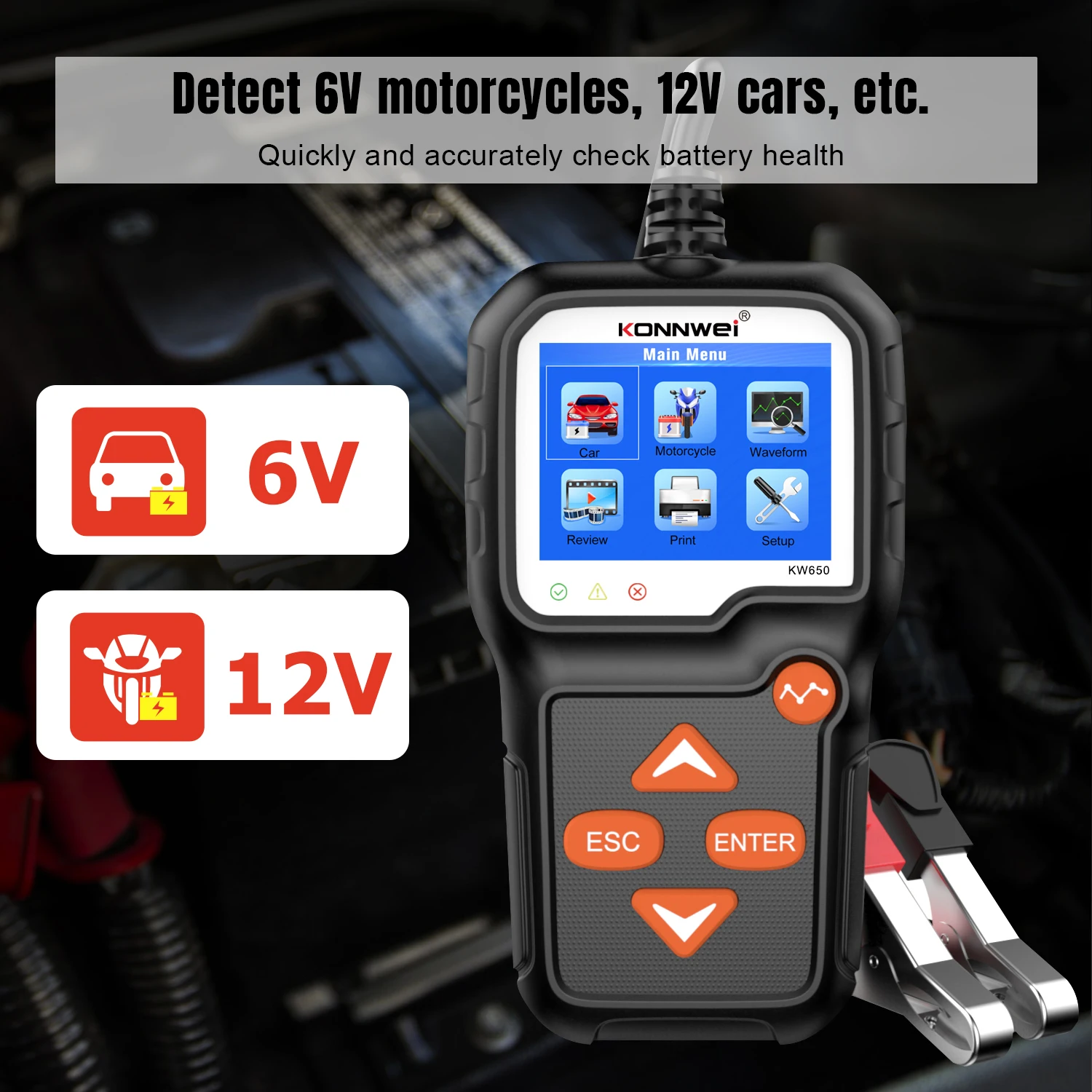 KONNWEI KW650 자동차 오토바이 배터리 테스터, 6V 12V 자동 배터리 분석기, 100 2000 CCA 자동차 모토 크랭킹 충전 테스트 도구