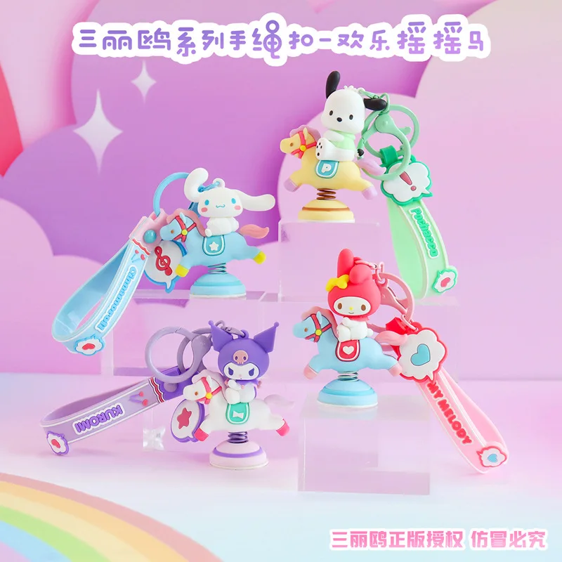 

Sanrio Kawaii Anime Kuromi Keychain Girl Heart Cute Hand Rope Buckle Happy Rocking Horse Series Bag Pendant Gift for Girls
