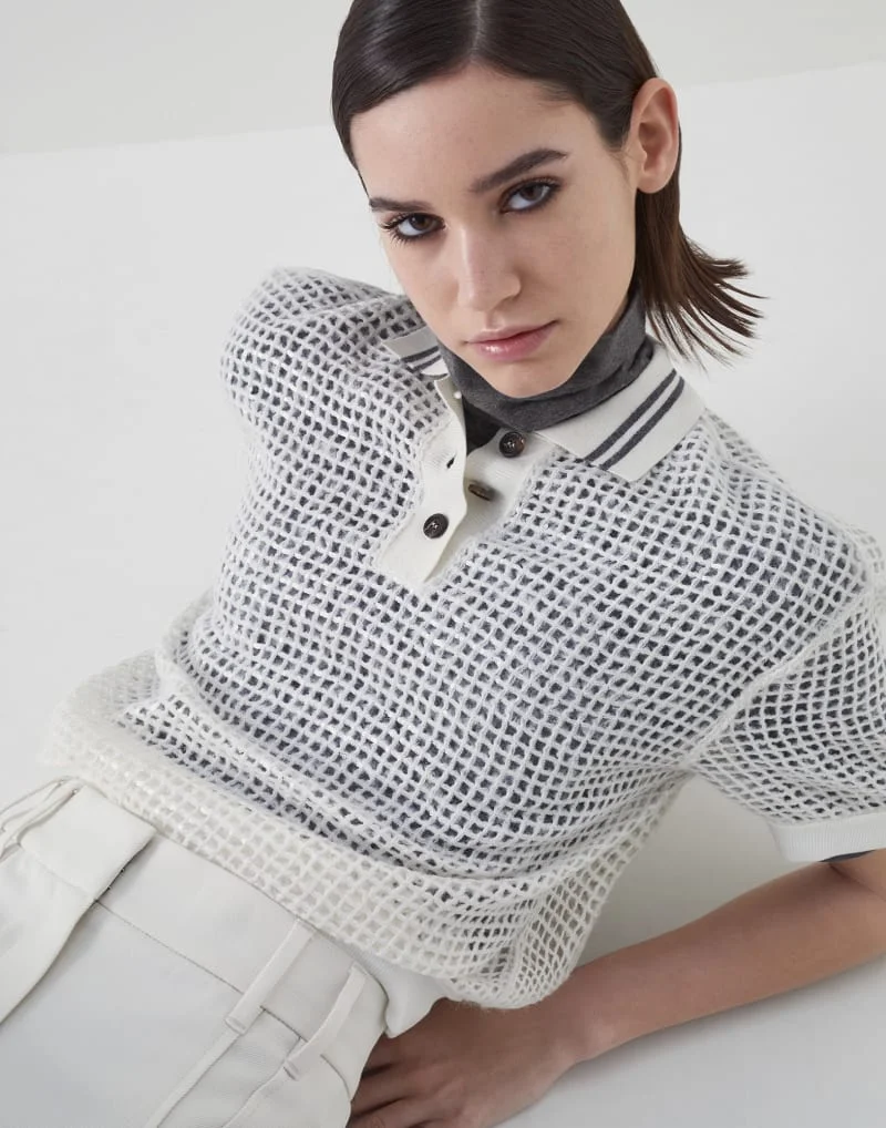 

New 2024 Spring and Summer Women Lapel Sequined Wool Blend Hollow Short-sleeved Top