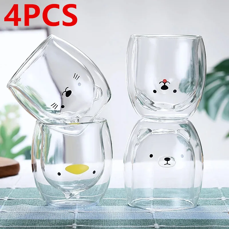 

4PCS Creative Cute Double Wall Glass Mug 250ml Bear Cat Dog Duck Animal Glass Mug Cute Beer Milk Coffee Cup Valentine's Day Gift
