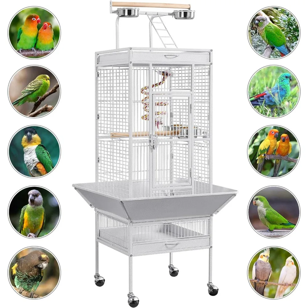 Wrought Iron Bird Cages, Play Top Large Aviary with Stand for Cockatiel Parrot Sun Parakeet Conures Lovebird Grey White, 61-inch