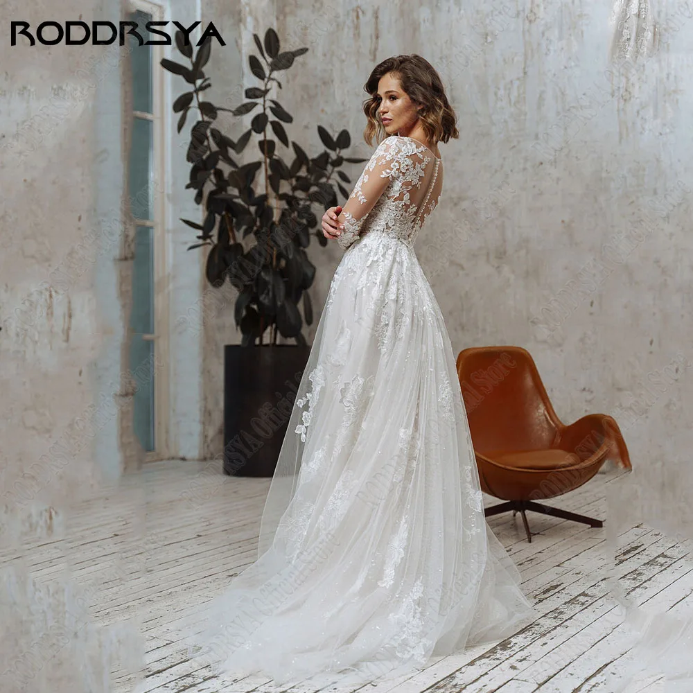 RODDRSYA Elegant Long Sleeves A-Line Wedding Dresses For Woman Lace Applique Bride Gowns Illusion Tulle O-Neck robe de mariée