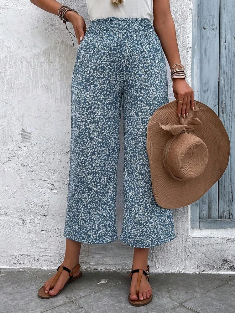 New Bohemian Loose Print Waist Cut Trousers Floral Casual Trousers for Women