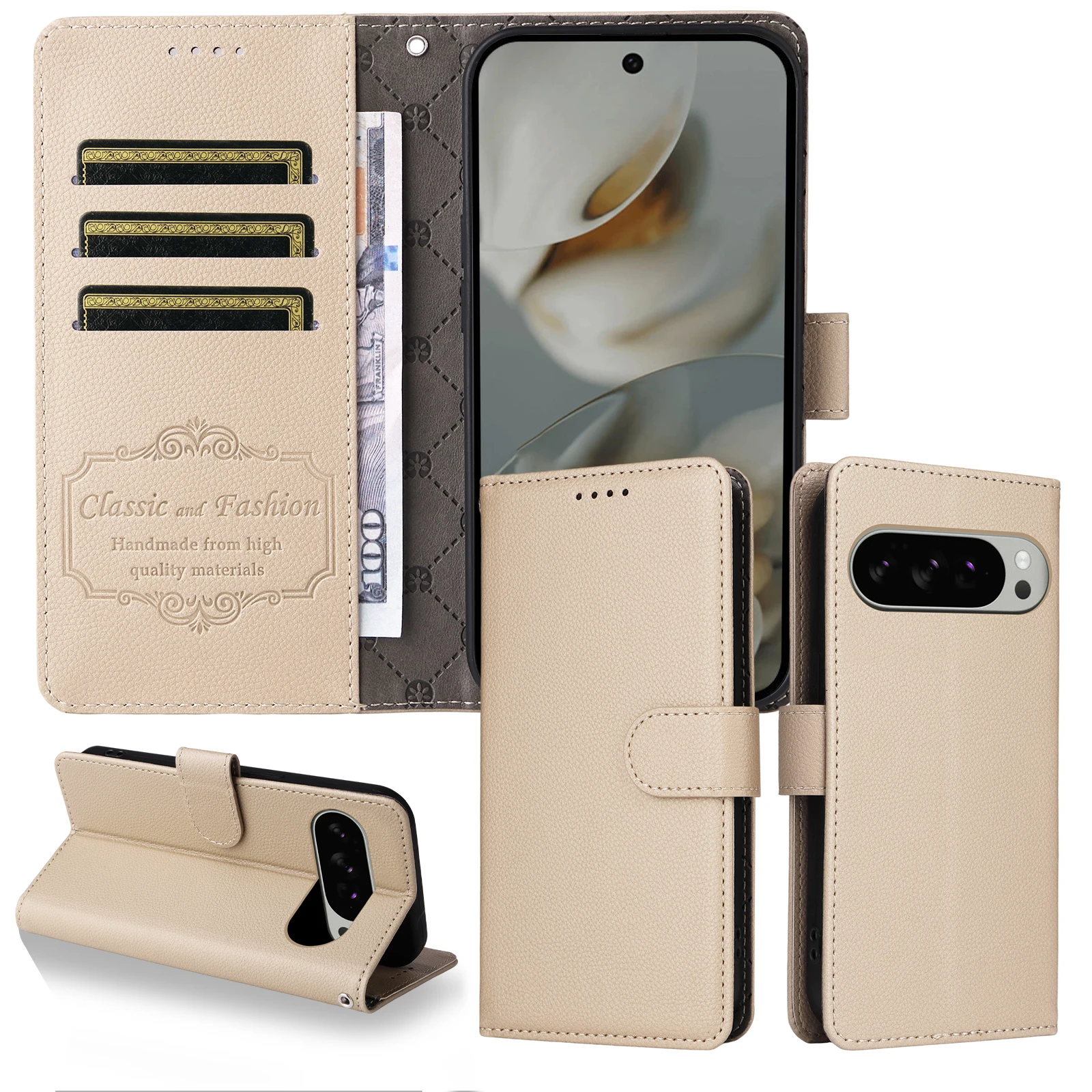 Luxury Litchi Pattern RFID Blocking Wallet Leather Case with Magnetic Flip Cover