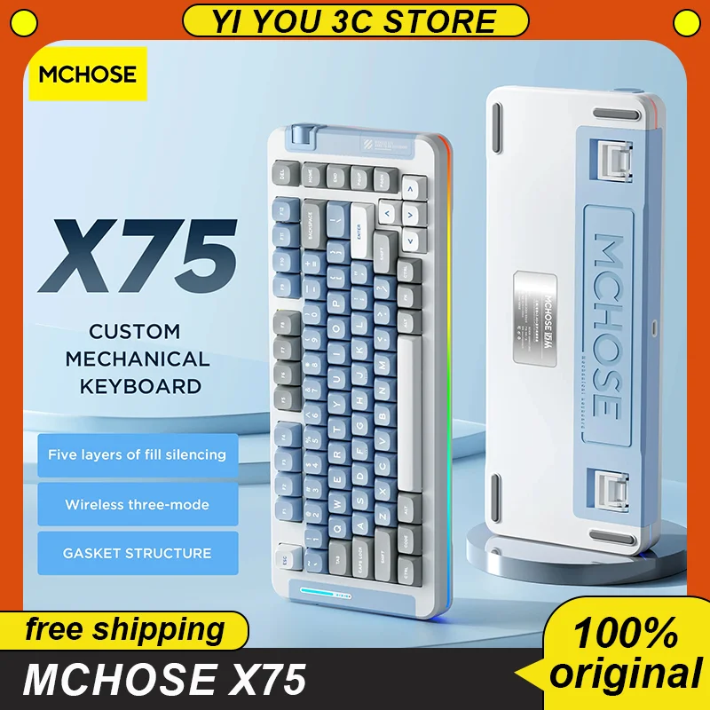 

Mchose X75 Mechanical Keyboard Three Mode 2.4g Wireless Bluetooth Full Key Hot Swap Multifunctional Knob Rgb Backlit Pbt Gamer