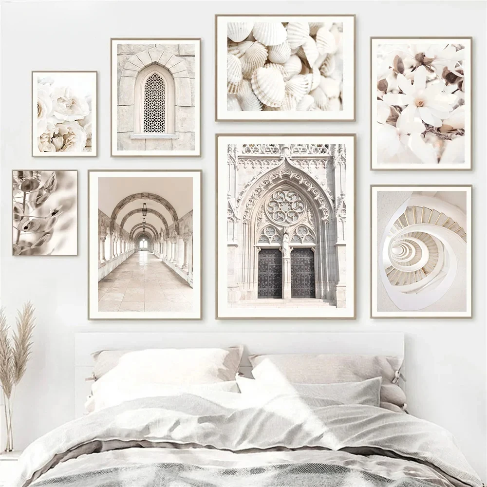 

Mosque Building Canvas Painting Islamic Calligraphy Poster Reed Shell Landscape Wall Art Print Nordic Pictures Living Room Decor