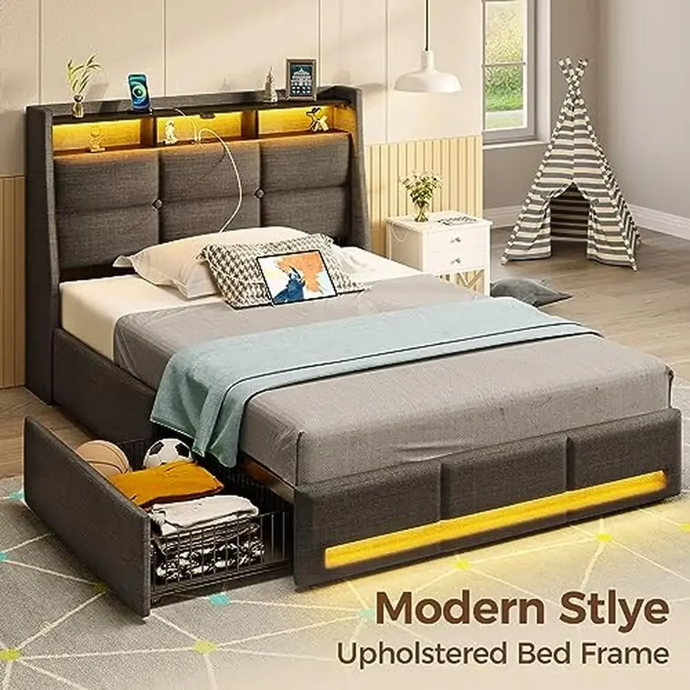 Twin Size Bed Frame LED Lights USB Charging Station Sliding Drawers Grey Linen Storage Shelf