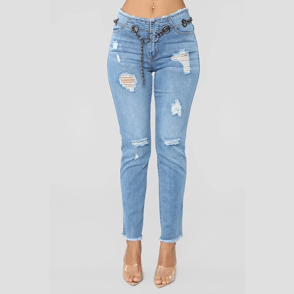High Waist Stretch Ripped Casual Denim Trousers Ladies Jeans Women's Clothing