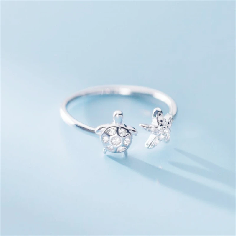 WYEAIIR 925 Sterling Silver Mini Cute Diamond Turtle Starfish Tortoise Resizable Opening Ring For Women Luxury Jewelry 5