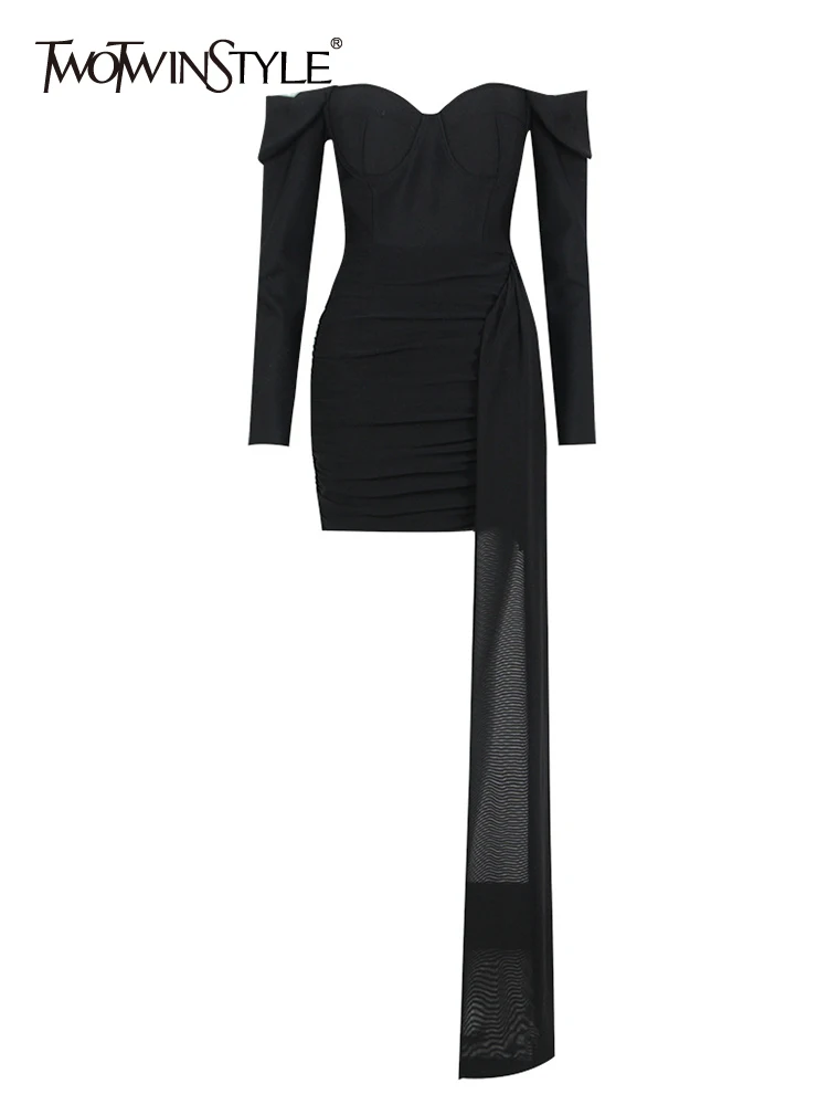 

TWOTWINSTYLE Minimalist Dresses For Women Slash Neck Long Sleeve High Waist Slim Spliced Bandage Solid Dress Female Fashion New