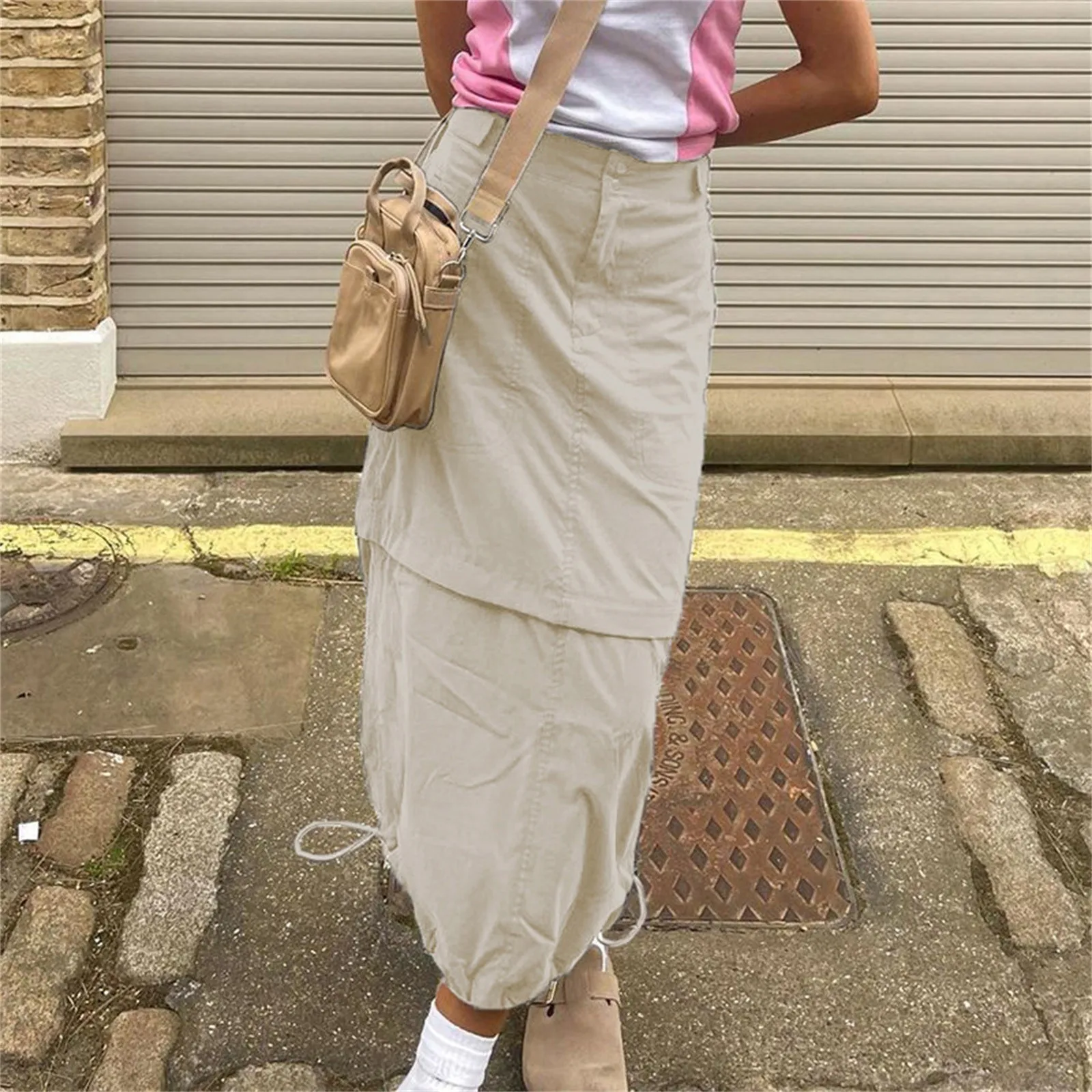 

Women's Loose Skinny Pockets Straight Skirt Solid Colour Casual Versatile Long Skirt Vintage Drawstring Hem Half Body Skirt