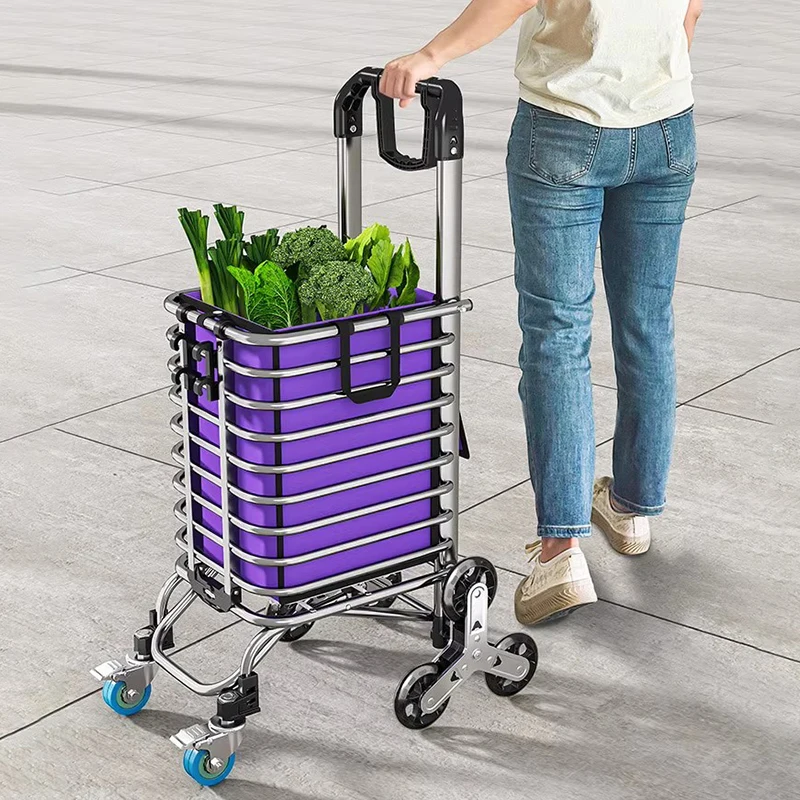 Aluminium Alloy 3-Wheeled Supermarket Shopping Cart With Removable Canvas Bag Heavy Duty Folding Shopping Cart