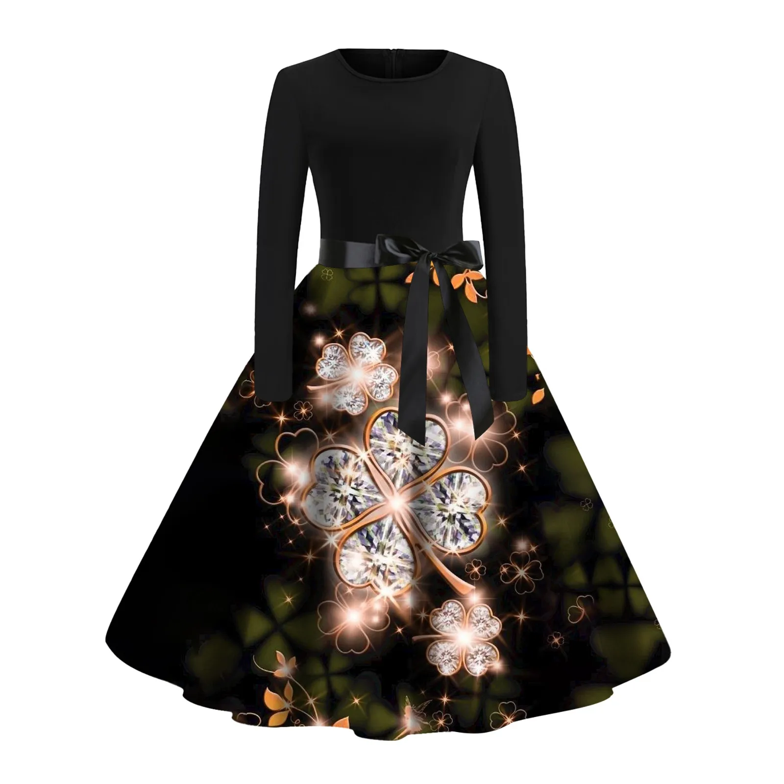 

Vintage St. Patrick's Day Print Long Sleeve Crew Neck A Line Dress Women's Retro Patchwork Skirt Ruched Vestido Bodycon