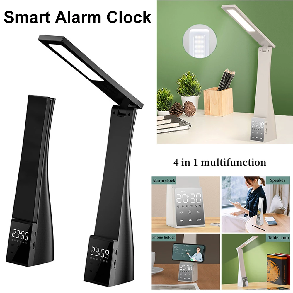 LED Desk Light with Bluetooth Speaker Alarm Clock Temperature 3 Level Brightness Reading Lamp Foldable Table Lamp Eye Protection