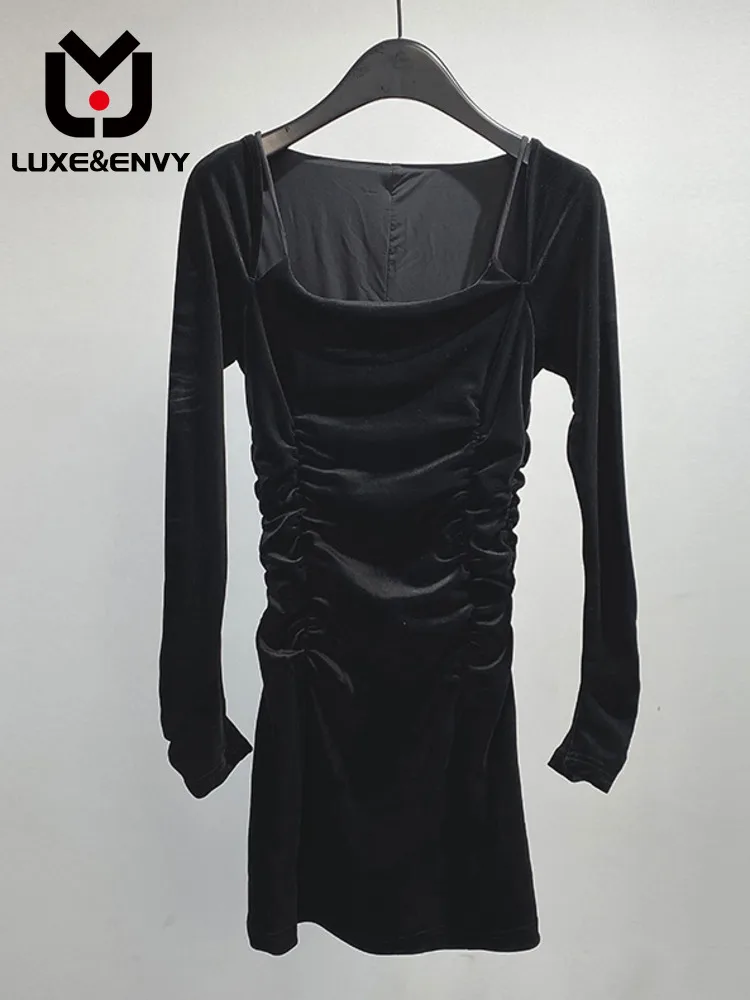 

LUXE&ENVY 2023 Autumn/Winter New Black Square Neck Pleated Long Sleeve Dress Sexy High Waist Slim Fit Wrapped Hip Skirt