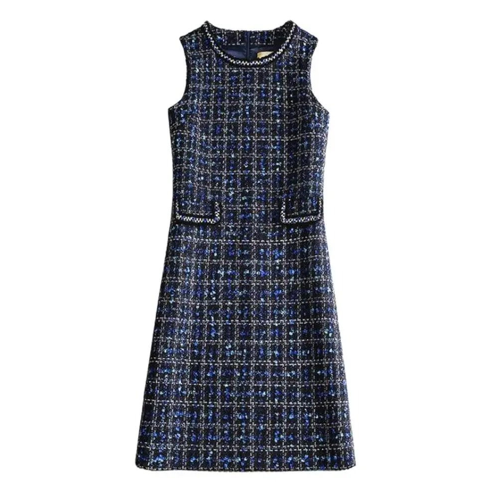 

Spring Women Tweed Dresses Sleeveless O-Neck Plaid Classic Elegant Winter Dress Slim Vestido Hedging Long Woolen Robe M-4xl