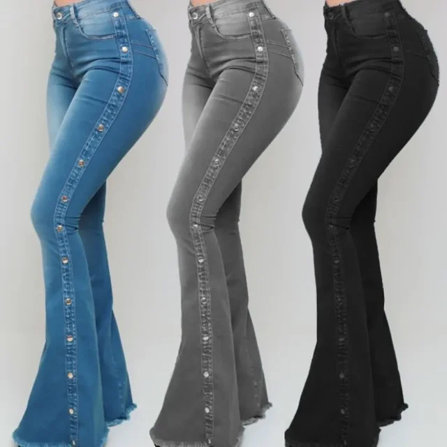 Jeans High Waist Strecth Denim Flare Pants Women Vintage Trousers Buttons Denims Streetwear 2024 Autumn Female Floor Length 1