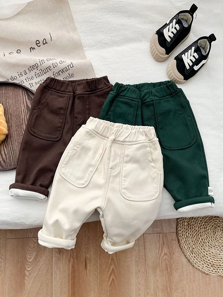 

2023 Winter New Baby Plus Velvet Thick Casual Pants Solid Kids Boys Harem Pants Infant Girl Warm Trousers Toddler Clothes
