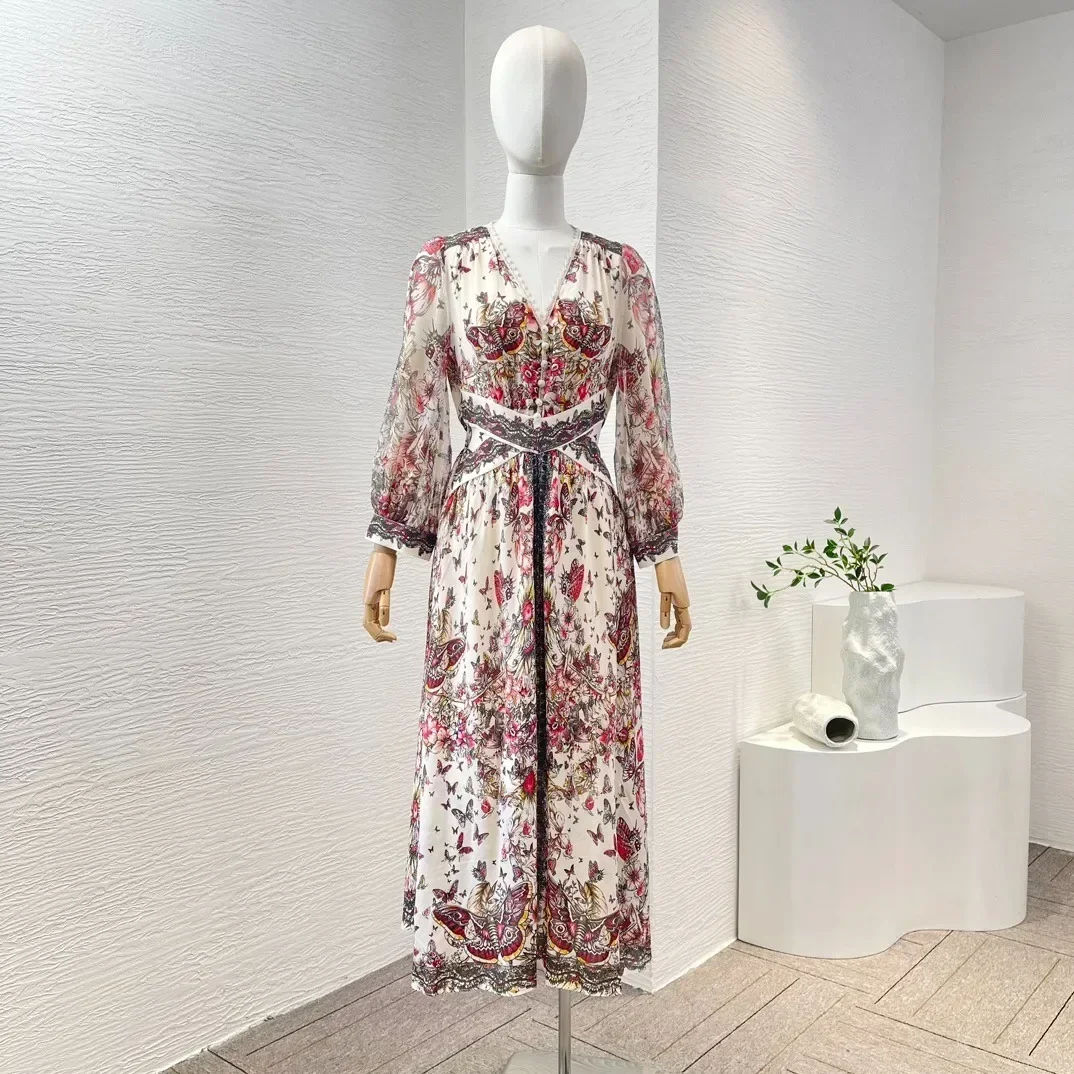 

2024 New Arrival High Quality Silk Beige Butterfly Floral Print Long Sleeve Lace V-Neck Women Midi Dress