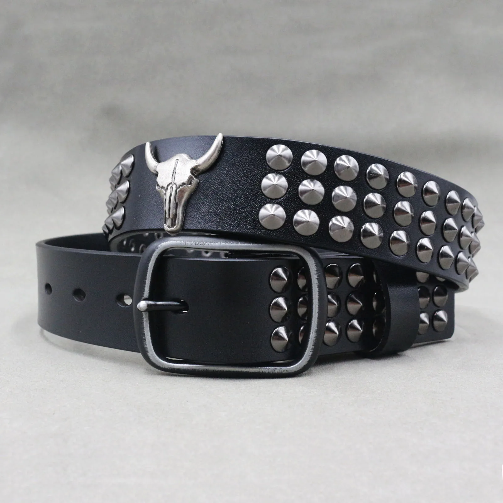Metal Skull Cross Rivet Genuine Leather Cowboy Belt Genuine
