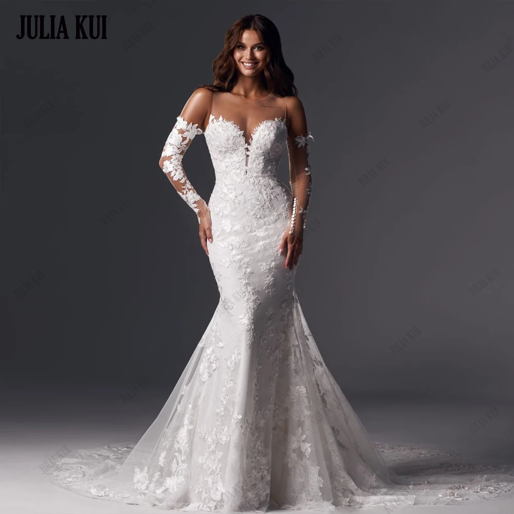 

Julia Kui Illusion Neck Sweetheart Mermaid Wedding Dresses Beauty Lace Full Sleeves Trumpet Bride Gowns