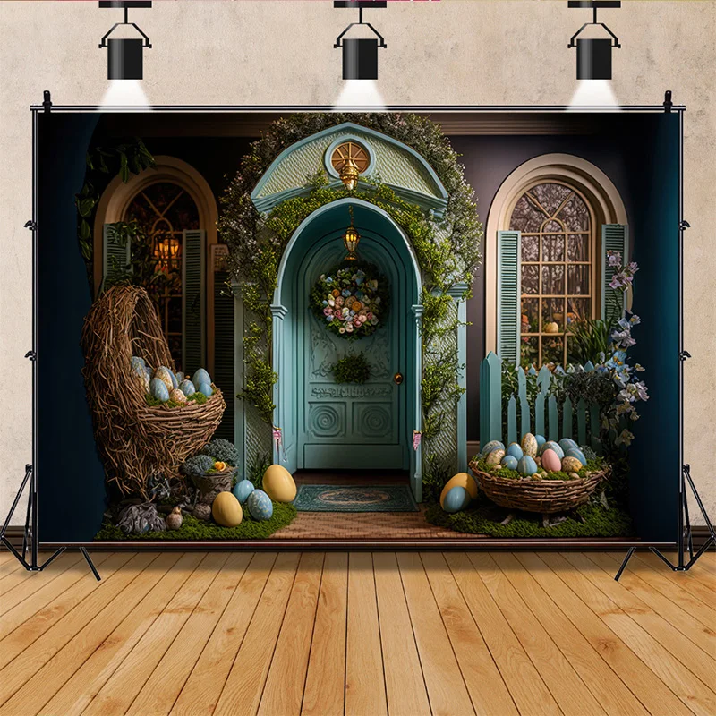 

SHENGYONGBAO Easter Scene For Photo Studio Background Celebrations Spring Eggs Rabbits Doors Photography Backdrops Props FR-09