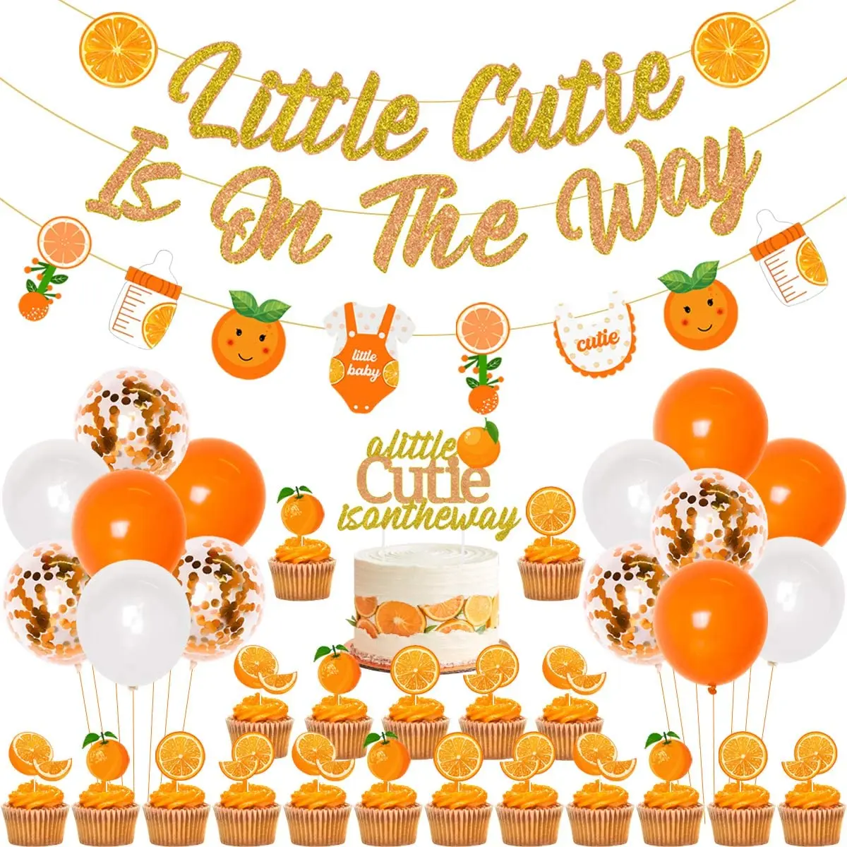 

Little Cutie Baby Shower Decorations Little Cutie Is on The Way Banner Orange Cake Topper Girl Tangerine Theme Party Supplies