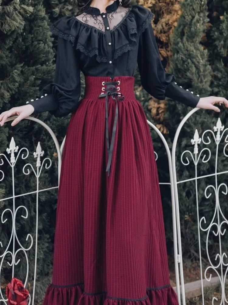 

France Vintage Elegant Two-piece Set Women Korean Designer Party Long Skirt Suit Y2k Lace Black Blouse + Bandage Red Skirts 2024
