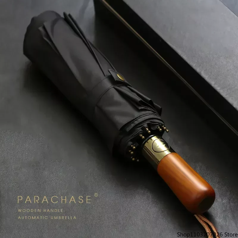 

PARACHASE Big Umbrella Men Business Style 115cm Automatic Umbrella Rain Double Layer 10K Windproof Large Golf Umbrellas Wooden