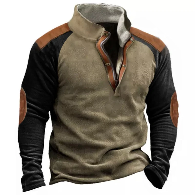 

Casual Mens Sweatshirts Fleece Stand Collar Zipper Casual Pullover Top For Men Fall Winter Fashion Oversize Patchwork Sweatshirt