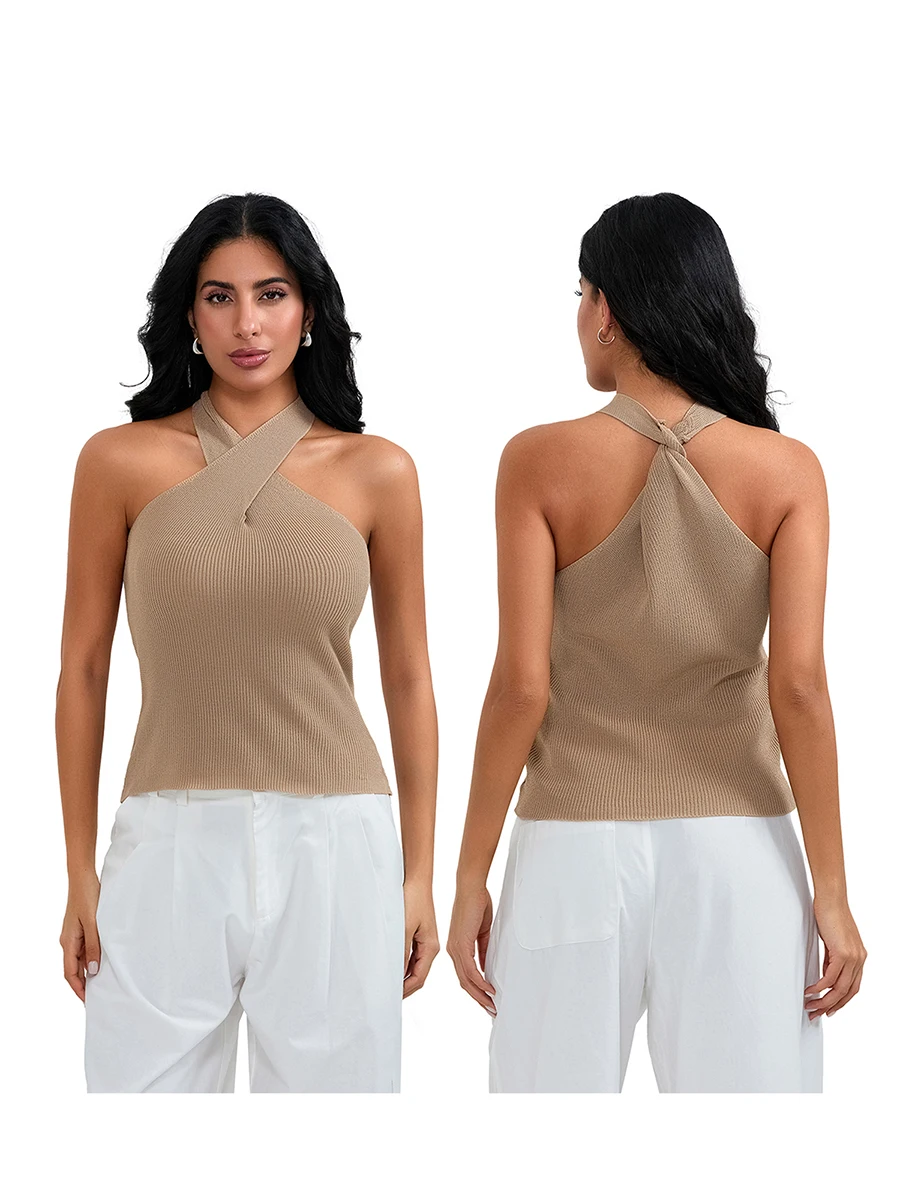 Women's Summer Knit Tank Tops Solid Color Sleeveless Cross Front Slim Sweater Vest Ladies Chic Camis Vest for Streetwear Y2K 00s - view