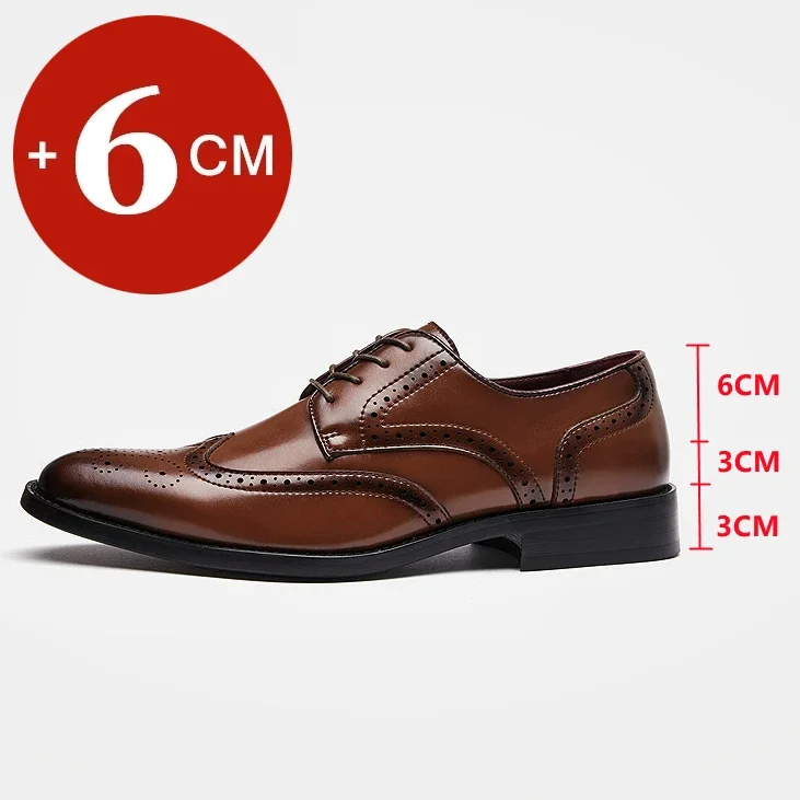 Men Height Increase Oxford Dress Shoes Genuine Cow Leather Lift Brogues Wedding Formal Elevator