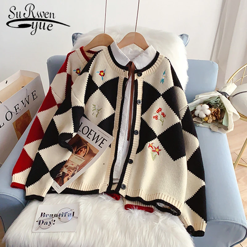 

2022 winter and autmun loose contrast color chequered embroidery round neck single breasted vintage cardigan sweater women 23089