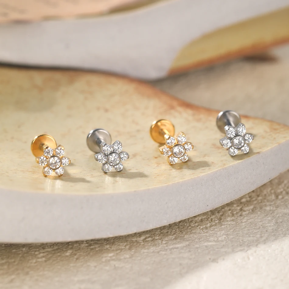 Piercing Jewelry Body Piercing Earrings Ear Piercing Jewelry Ear Studs Metal Jewelry Body Jewelry Titanium Ear Cartilage Stud Earrings Women Internal Thread Zircon Flower Ear Lobe Tragus Helix Lip Rings 16G 1Pc