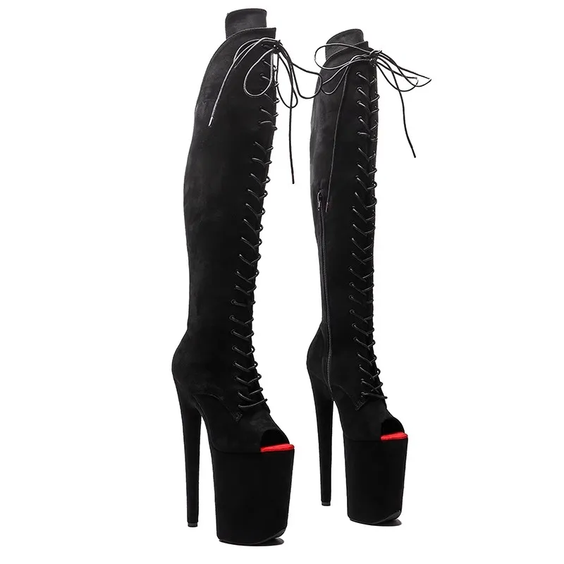 

LAIJIANJINXIA New Flock Upper 23CM/9Inches Fashion Women's Platform Party High Heels Modern Knee-High Boots Pole Dance shoes 042