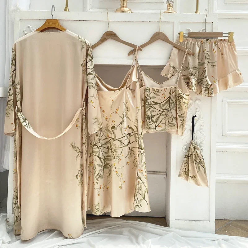 5-piece Loungewear Print Thin Dressing Gown Nightgown Set Women's Pajamas Printed Top women Pajama Set Slip Shorts Skirt Set