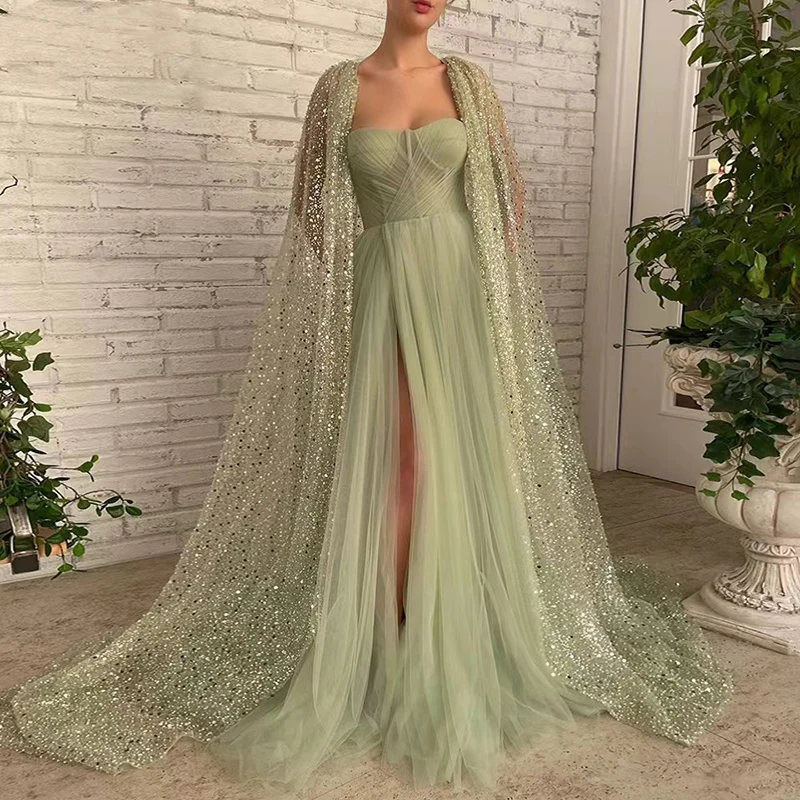 

Sparkly Sequins Prom Dresses for Women with Cape 2023 Tulle Floor-Length A-Line Special Events Wedding Dance Evening Party Gala