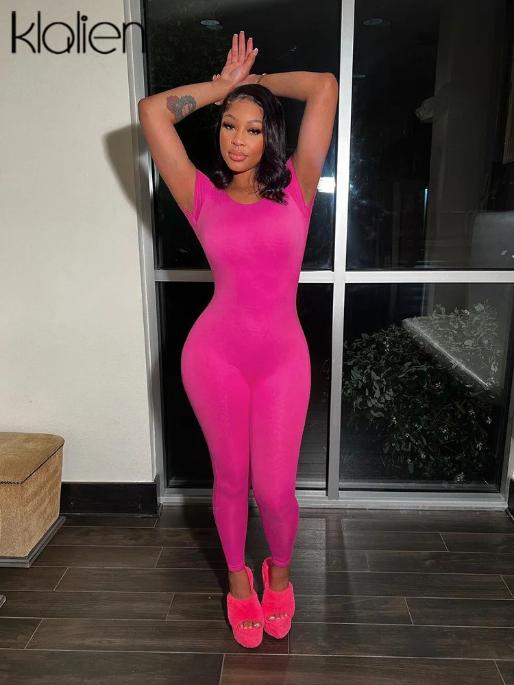 

KLALIEN Casual Solid Short Sleeve Jumpsuit Women Summer Streetwear Stretch Skinny One Piece Overalls Fitness Sporty Jumpsuits