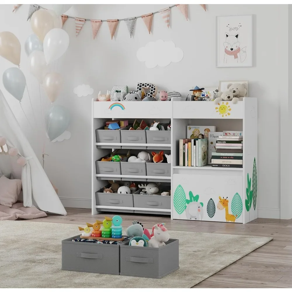 Toy Storage Organizer, Toys Bookshelf with 10 Fabric Bins and Movable Toy Chest, Toys Storage Cabinet for Playroom, Nursery 6