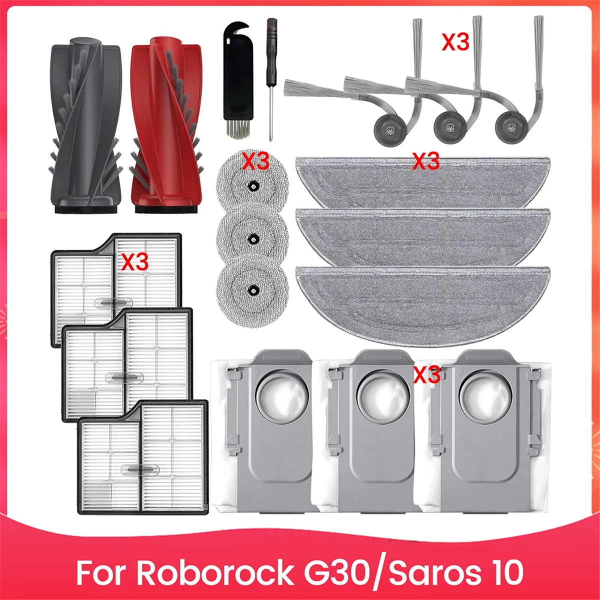 A52QFor Roborock G30/Saros 10 Robot Vacuum Accessories Replacement Parts Main Brush Side Brush Filter Dust Bag Mop Cloth